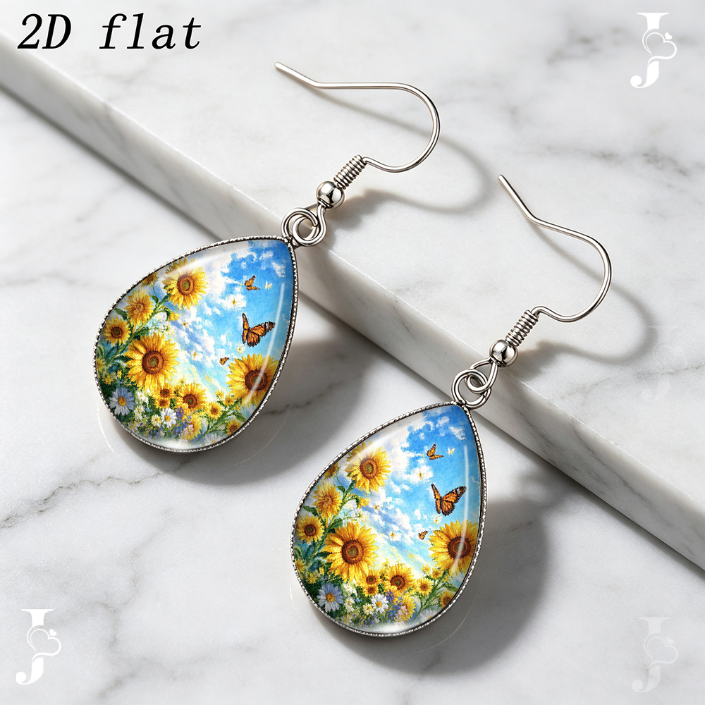 Teardrop Dangle Earrings with Sunflower Butterfly Pattern, Handmade Gift